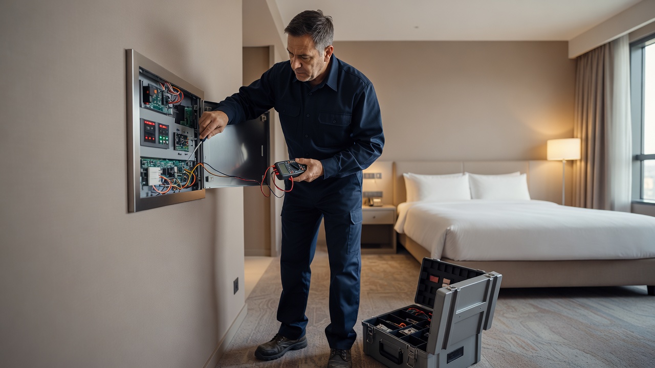 Hotel facilities professional checking a room control panel during maintenance