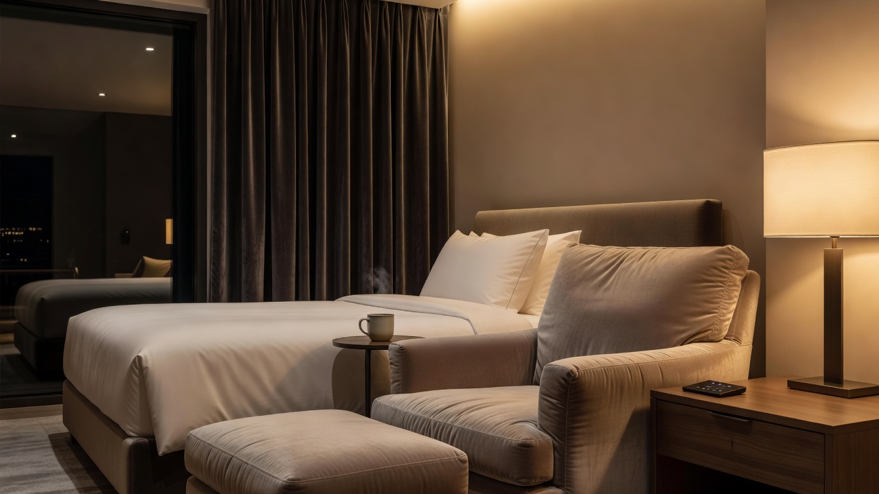 Warmly lit hotel room with bedside controls, curtains and a comfortable seating area