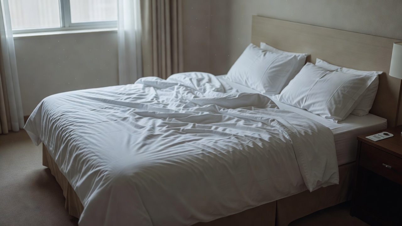 Quiet hotel room with an unmade bed and soft daylight, illustrating an uncertain room-state signal